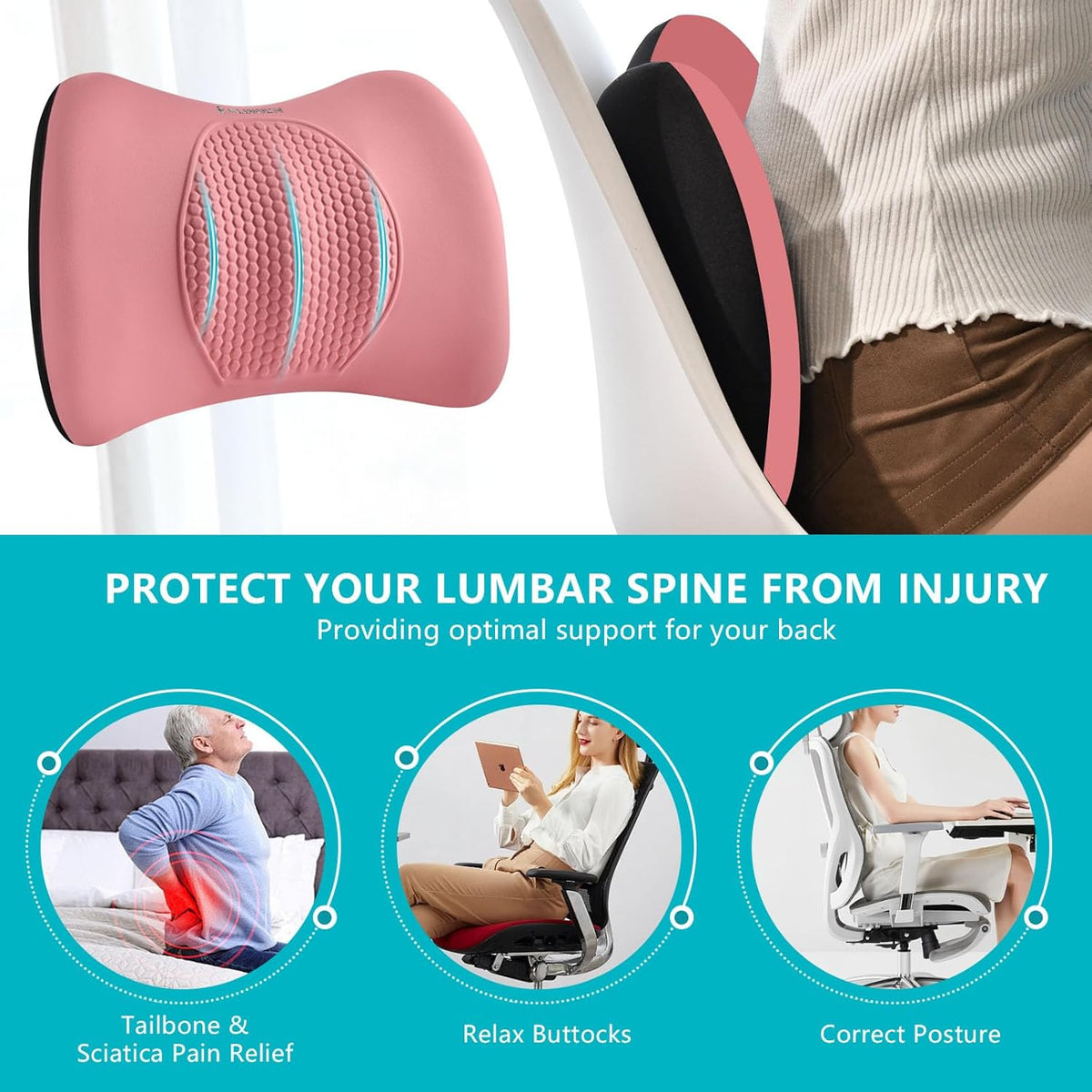 FLORICH Lumbar Support with Car headrest Back Pillow for Chair Headrest Pillow with Gel Memory Foam Massage Point Lumbar Support(Pink)