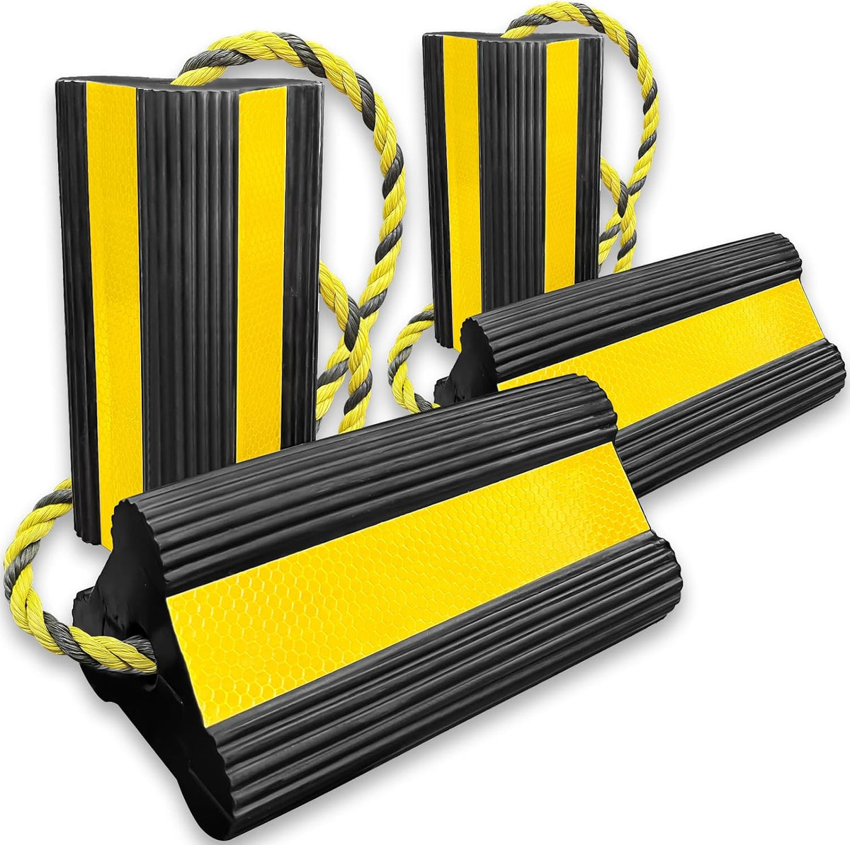 Heavy-Duty Wheel Chocks with Extra-Long Safety Rope (86") - 2-Pack Reflective Rubber Blocks for Trailers, Trucks, Campers & Garage Use (2pair/4pack with Rope)