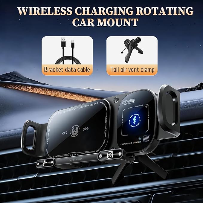 Wireless Charging Rotating Car Mount, High Intelligent 2 in 1 Auto Rotating Phone Holder, One-Click Rotation & Clamping,Car Charger Fast Charging,Universal Phone Holder for Smartphone/Pad (Black)