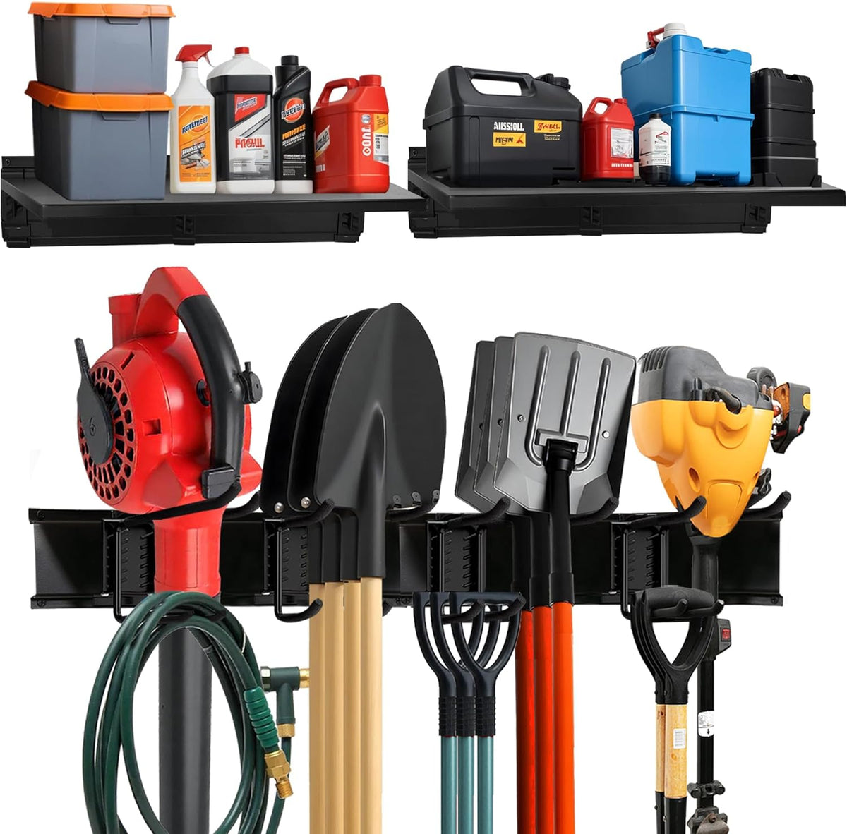 Heavy-Duty Garage Wall Storage System | Wall Mounted Tool Organizer Rack with Shelving | 12-Piece Mounting Kit | 6x10” Double-Layered Hooks & 2x24” Floating Utility Shelves