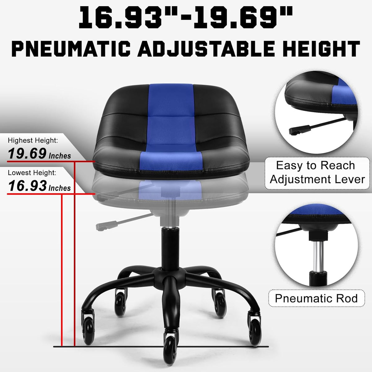 Rolling Stool with Wheels, Garage Shop Stool with Backrest, Roller Seat with Pneumatic Adjustable Height 16.93"-19.69", Heavy Duty Multi-Purpose Chair for Shop Salon Office Home, Blue