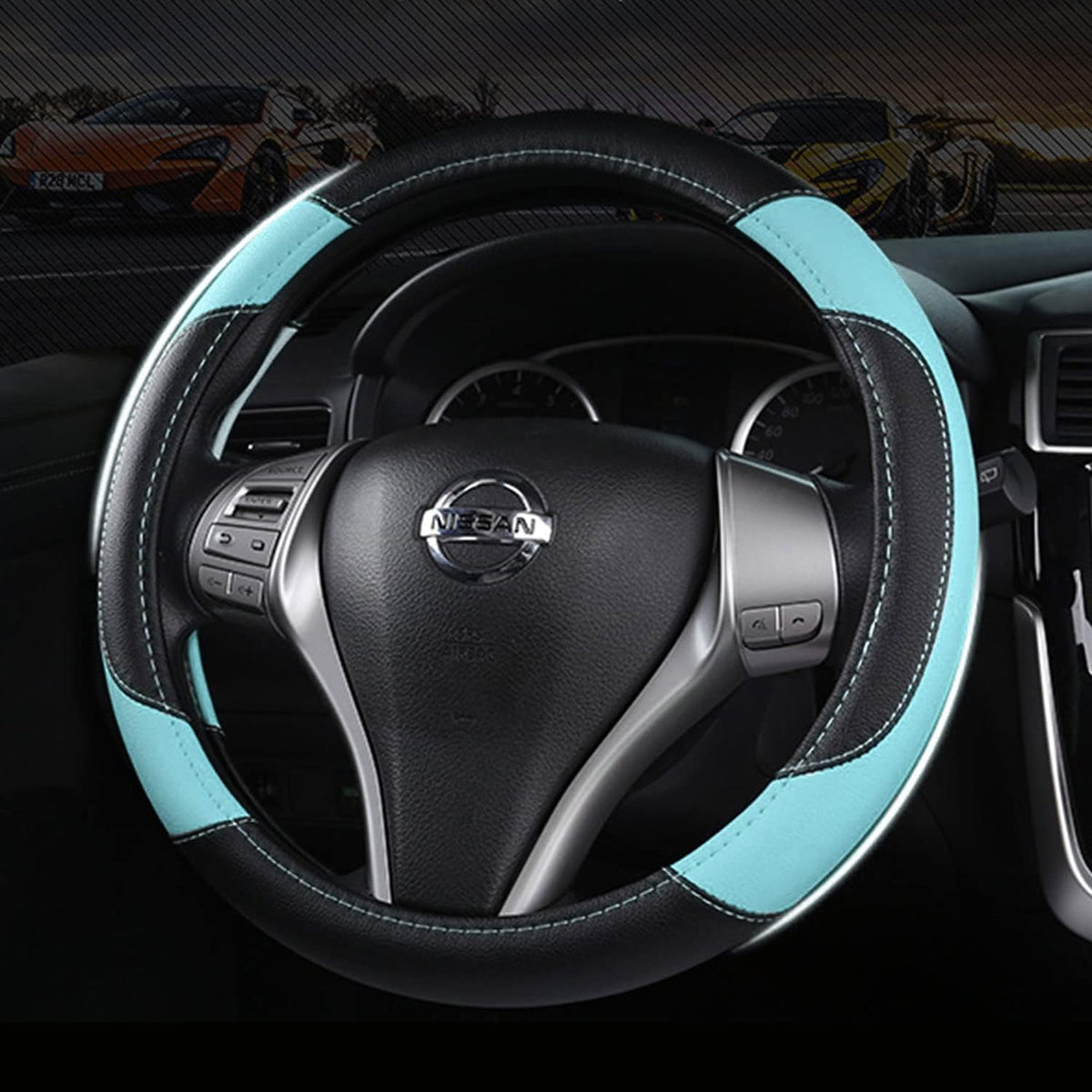 Leather Car Steering Wheel Cover, Non-Slip Car Wheel Cover Protector Breathable Microfiber Leather Universal Fit for Most Cars (Blue)
