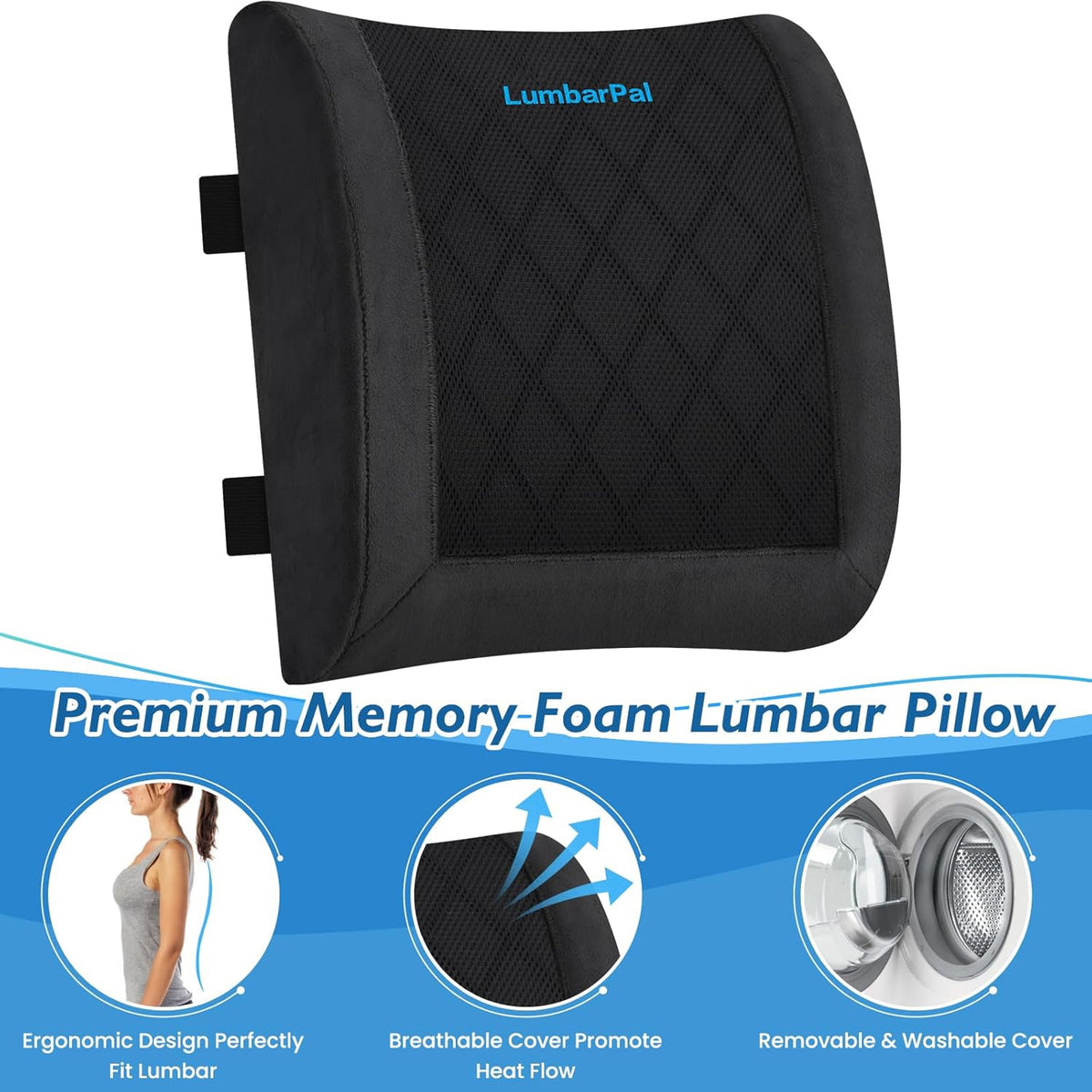 Lumbar Support Pillow for Office Chair Back Support Lumbar Pillow for Car, Gaming, Office Chair - Improve Sitting Posture & Back Pain Relief, Memory Foam, Adjustable Straps, Fluffy Black