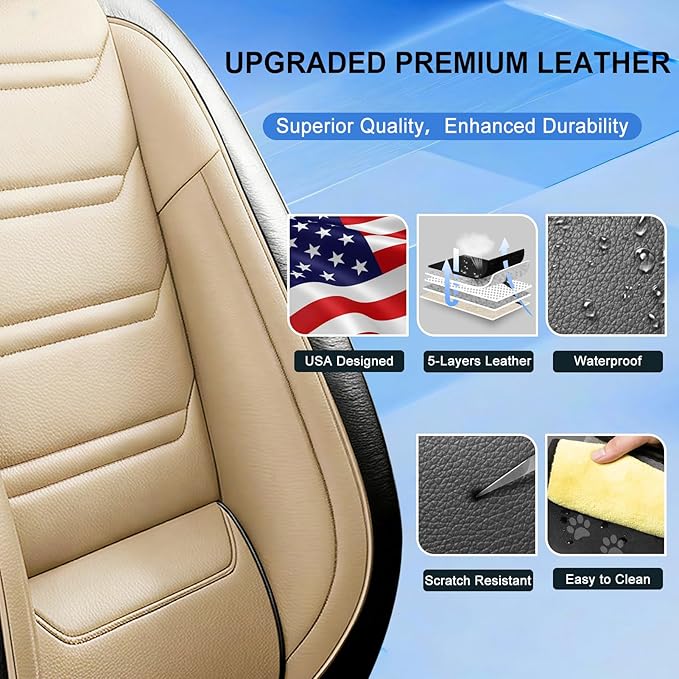 Fit Ridgeline Car Seat Covers for Select Honda Ridgeline 2007-2026 - Premium Full Coverage Leather, Airbag Compatible, Waterproof & All Weather Seat Cushion Protector, Front Pair Black+Beige