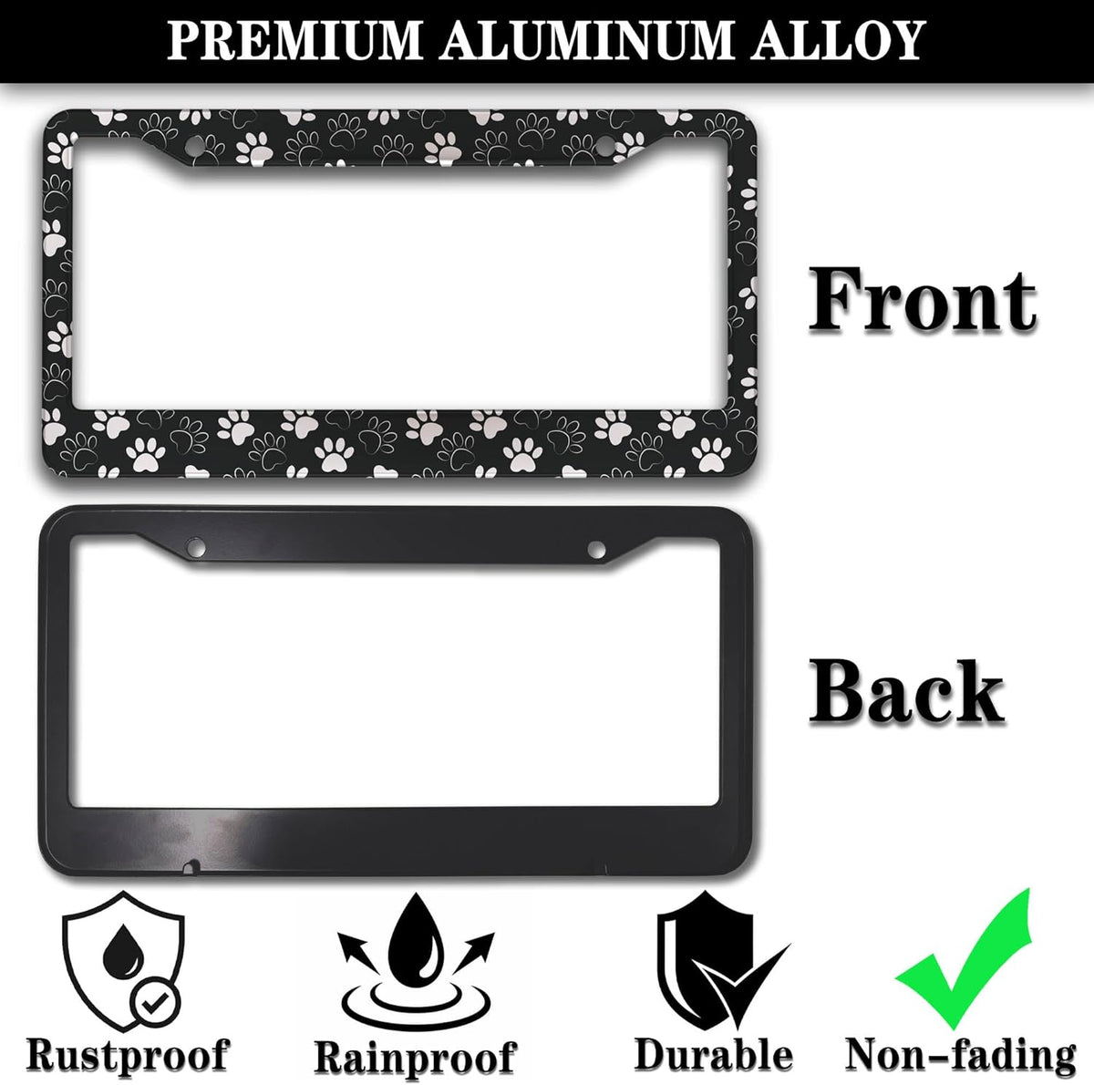 License Plate Holder Black and White License Plate Frames Black White Dog Cat Paw Print Universal Aluminum Car Accessory 2 Pack with Screw Covers Set