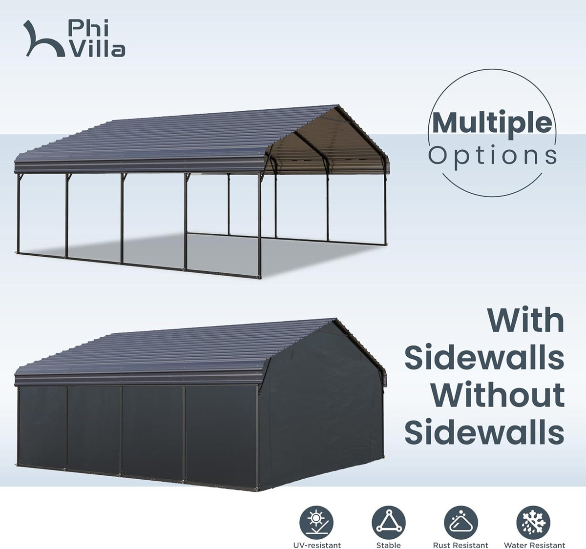 PHI VILLA 20 x 20 ft Carport 2 car Metal Carport Tent with Galvanized Steel Roof with Sidewalls Enclosure Kit, Sturdy Heavy Duty Metal Storage Shed for Cars, Boats, and Tractors