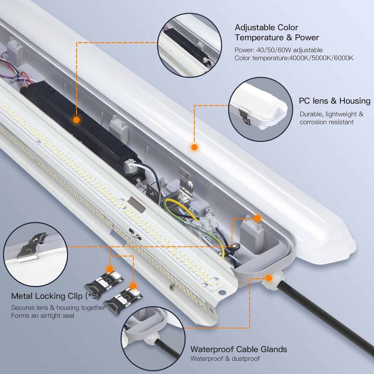 JTT 4FT LED Vapor Tight Light, 60W/50W/40W IP65 Waterproof LED Outdoor Indoor Shop Light 6000K/5000K/4000K CCT, Vapor Proof Fixture for Garage Shop Basement Barn Car-Wash, 4-Pack ETL Listed