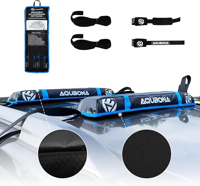 AQUBONA Universal Car Soft Roof Rack Pads，Luggage Carrier Capacity Load 158lb for Kayak/Canoe/Surfboard/Paddle with Adjustable & Steady Tie-Down Straps and Storage Bag