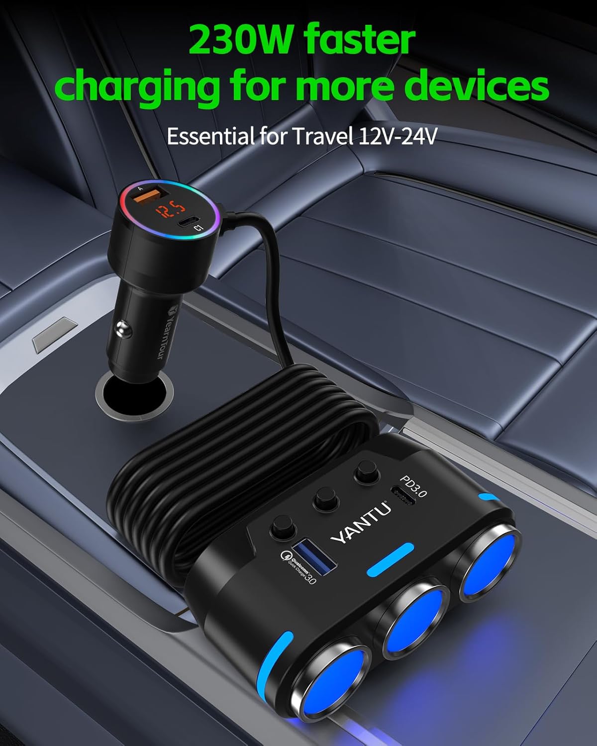 YANTU Cigarette Lighter Adapter/Splitter with PD&QC3.0 230W,Double/Dual USB C Car Charger Fast Charging 12V Outlet,Multi Socket Splitter with Ambient Lights/Independent Switches for Cars/Trucks/RVs