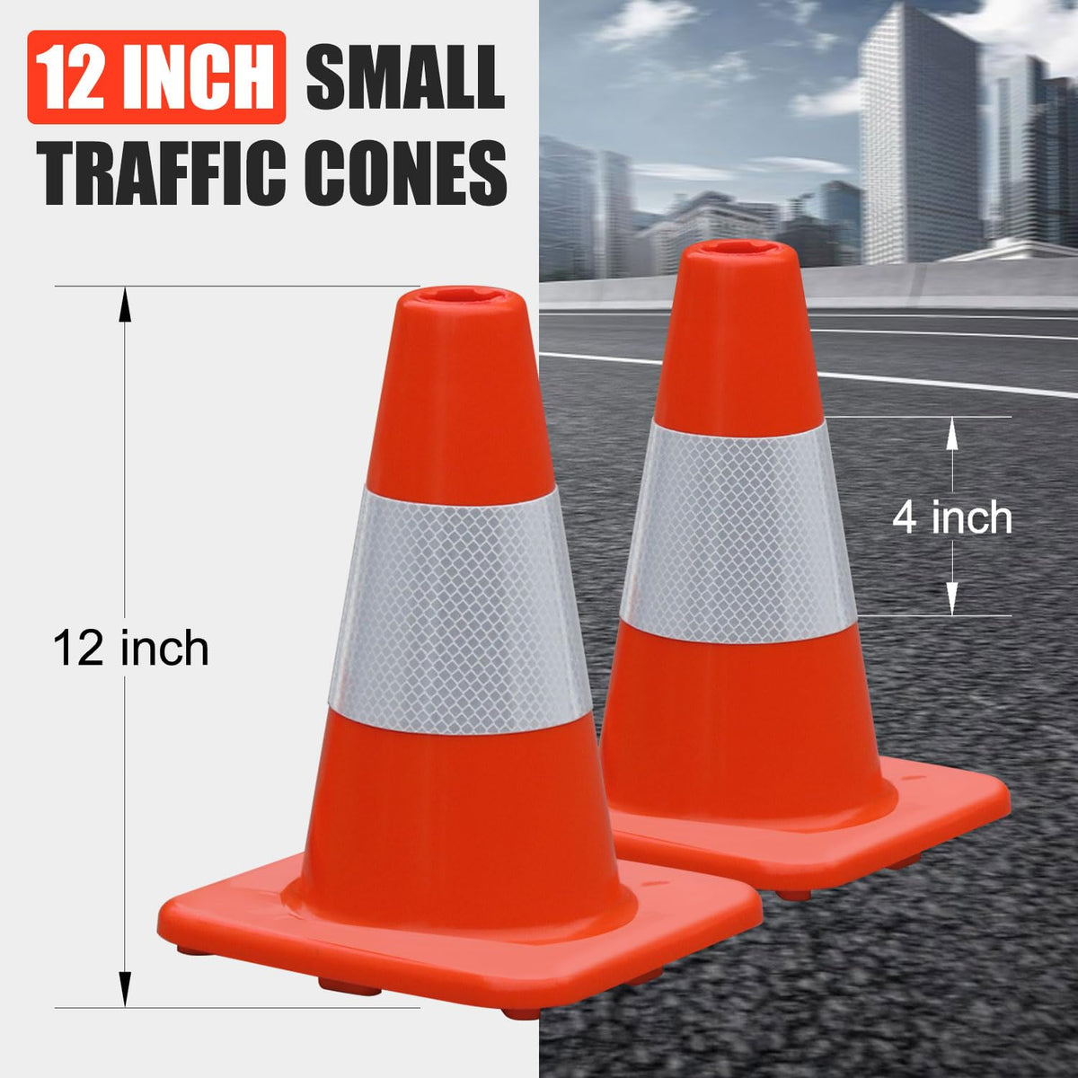 8 Pack All-PVC 1-Piece Traffic Cones, 360° Visible Fluorescent Orange-Red, No Base Separation for Parking, Sports, Driving Training, Construction Events
