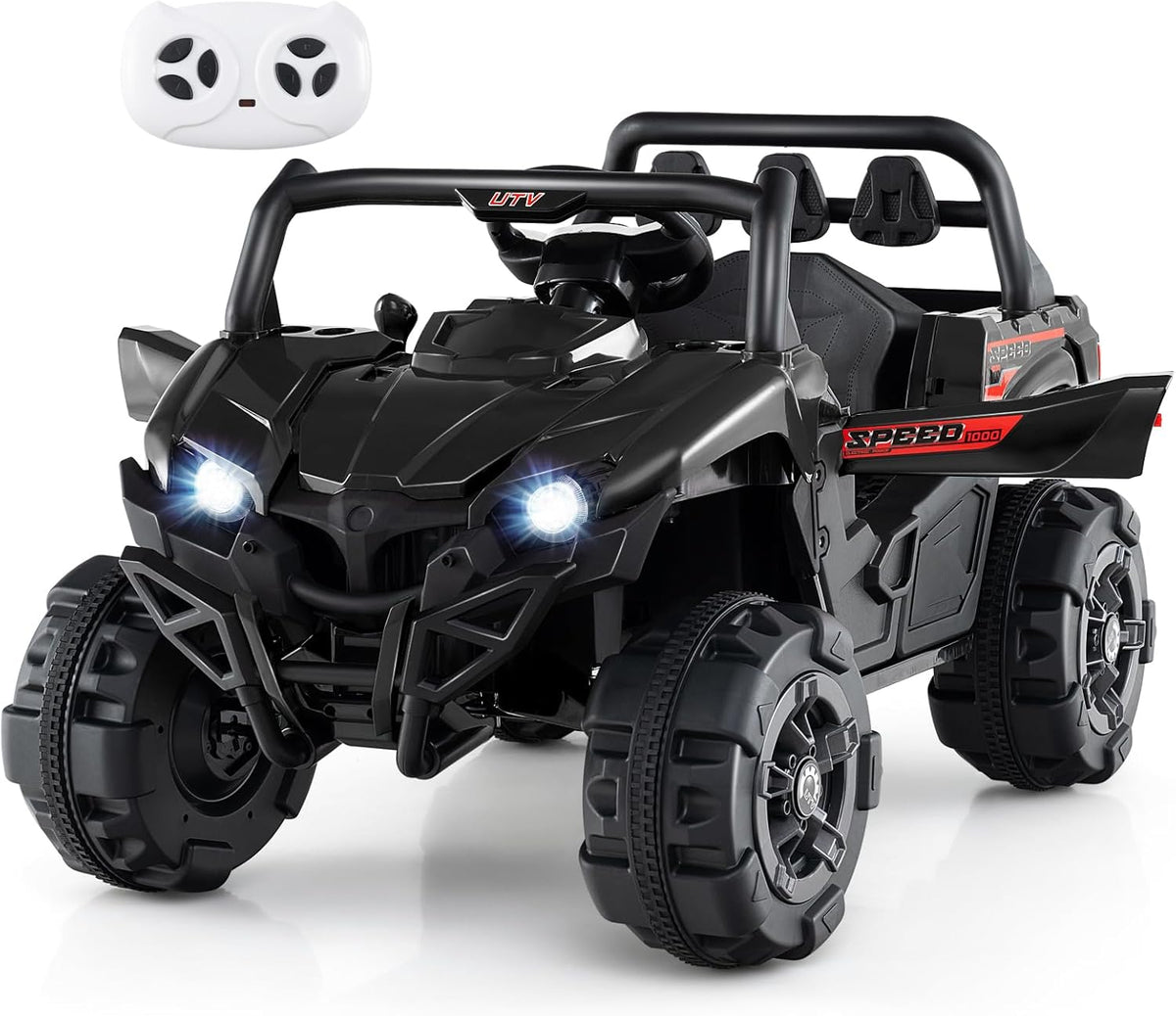 OLAKIDS 12V Ride on Car UTV, Battery Powered Off-Road Kids Electric Vehicles with Remote Control, Music, Horn, MP3, Lights, 3 Speeds, Soft Start, Ride on Truck for Boys Girls (Black)