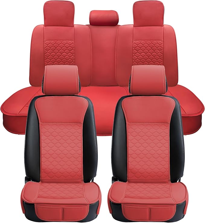 Elantrip Car Seat Cover Full Set Leather Car Seat Protector Universal fit for Most Cars SUVs and Trucks Water Proof Front and Rear Seat Protector Red