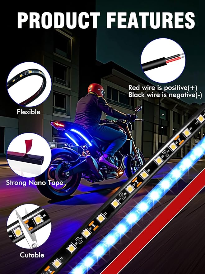 8 Pcs Car Led Light Strip IP67 Waterproof 11" Flexible Led Lights Underglow 12V for Car Motorcycle Boat Golf Cart Interior Exterior Decoration - Blue