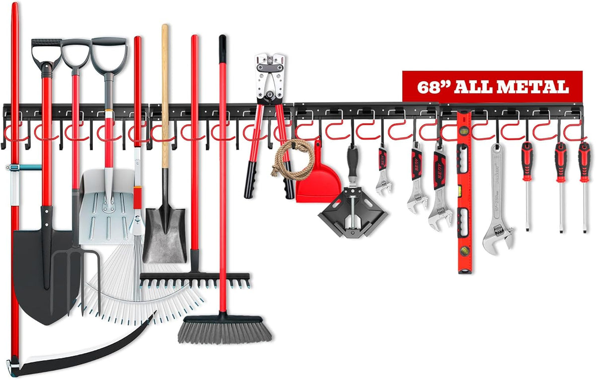 68" All Metal Garden Tool Organizer - Sturdy Garage Wall & Shed Organization System - Hooks for Shovel, Broom, Rake & More