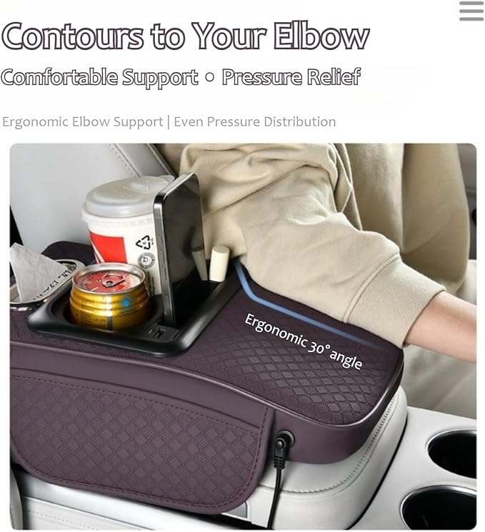 2026 Enhanced Car Center Console Armrest Cushion with USB& Type-C Charging, PU Leather Console Pad with Cup Holders, Storage& Tissue Outlet for Most Vehicles (Sloped Version, Red)