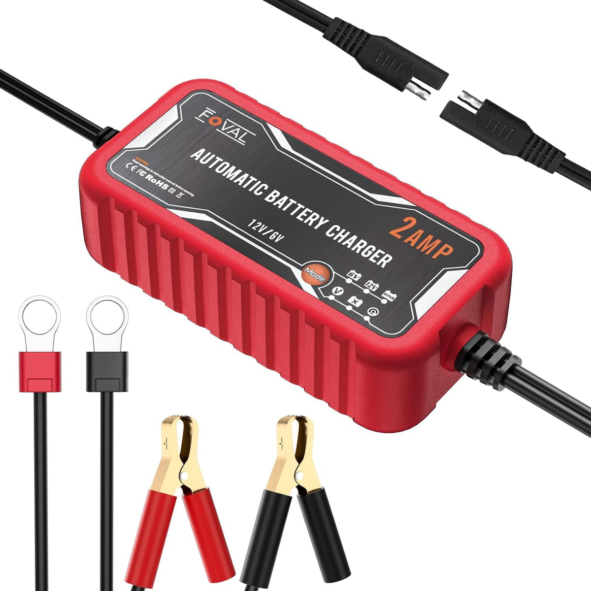 [2-Pack] FOVAL 2-Amp Car Battery Charger, 6V and 12V Portable Automatic Smart Charger, Battery Maintainer, Trickle Charger and Battery Desulfator for Car Lawn Mower Motorcycle Boat Lead Acid Batteries