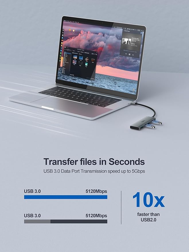 USB 3.0 Hub,4 Port USB Splitter Extender Portable Adapter Multiport Data Hub for Laptop,Xbox, Flash Drive,HDD,Console,Camera,Keyborad,Mouse Windows,Mac OS PC,Not Designed to Charge Devices-Grey