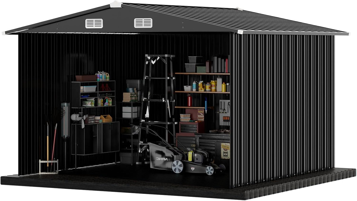 COMHOMA Shed Outdoor Storage Shed Metal,Lockable Doors Tool Sheds with Sloping Roof,Steel Garden Shed with Air Vent for Backyard,Patio,Lawn,Poolside (Grey, 10'*12')