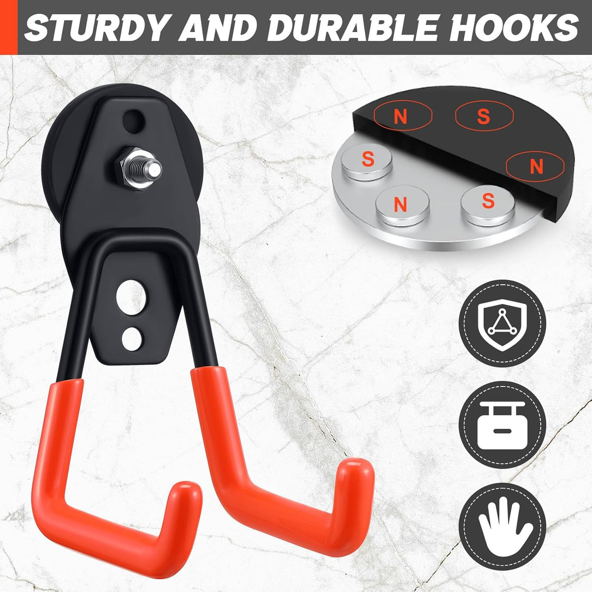 Landhoow Large Magnetic Hooks Heavy Duty Garage Magnet Hooks Strong Storage Utility Magnetic Hangers with Anti Slip Rubber Coating for Indoor and Outdoor Hanging(Orange,10 Pcs)