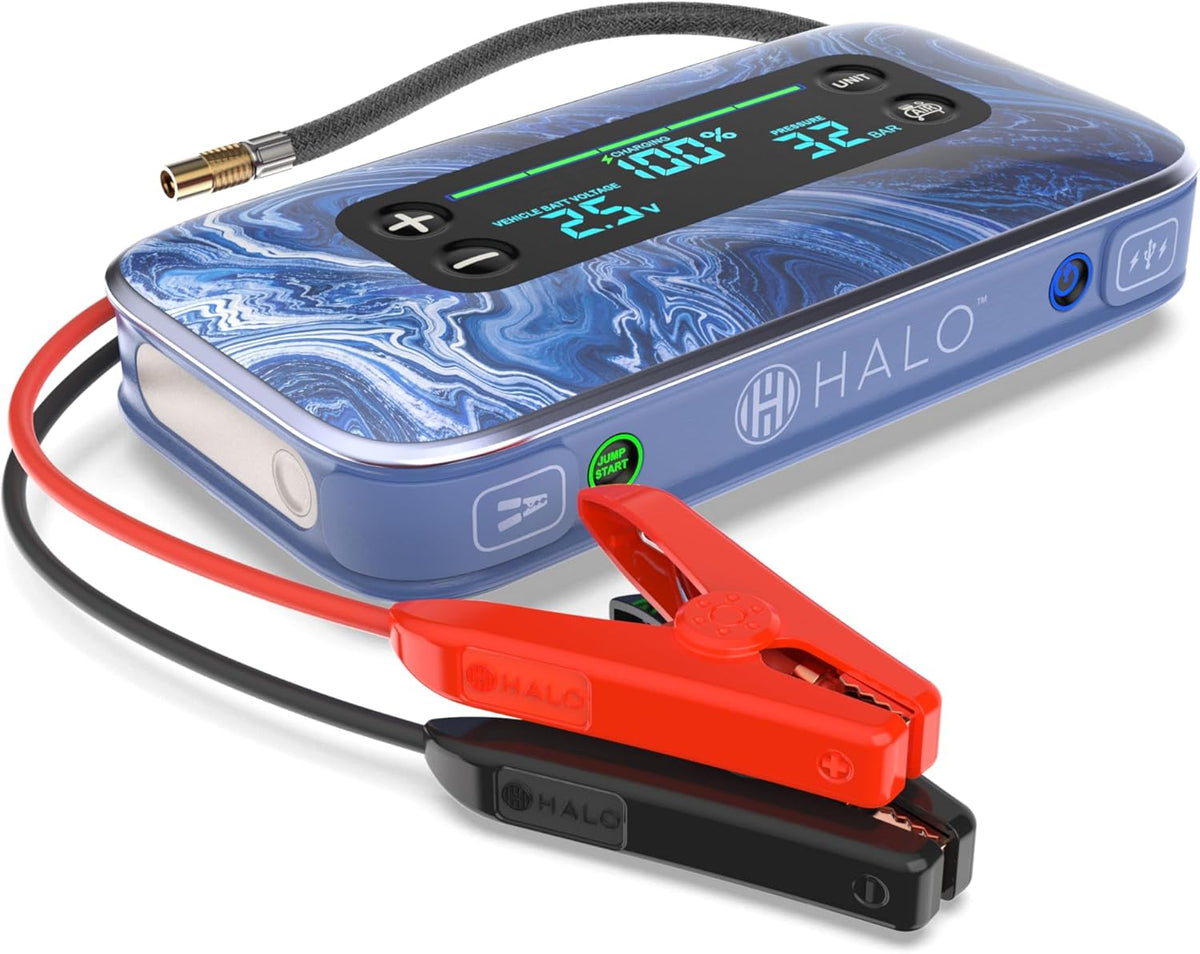 HALO Bolt Air+ 1750 Portable Car Battery Jump Starter | 130 PSI Air Compressor, 59.9Wh USB Power Bank, Large Display, Emergency Floodlight & Charger, Jumps Cars SUVs & Trucks, Inflates Tires — Blue