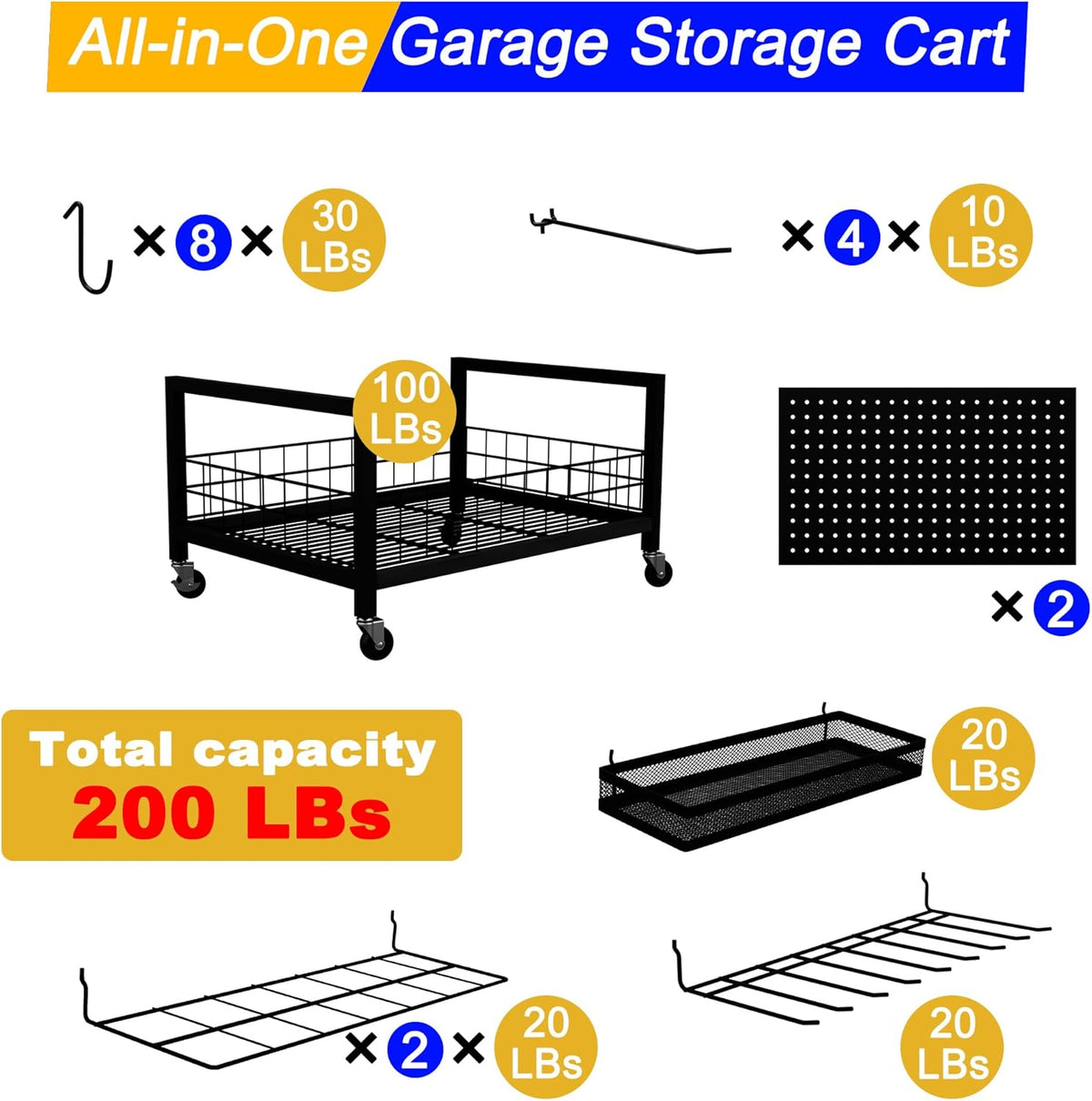 All-in-One Garage Storage Cart with Locking Wheels – Heavy-Duty Tool Organizer with Rack, Pegboard & Hooks & Accessories – Ideal for Garage, Garden, Yard – Utility Cart with Versatile Storage