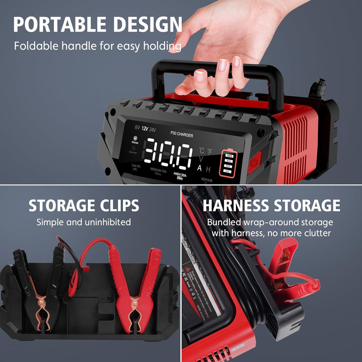 30-Amp Car Battery Charger, 6V/12V/24V Smart Automatic Automotive Charger, Battery Maintainer, Trickle Charger for Car, Motorcycle, Boat, Lead-Acid, Lithium, LiFePo4 Battery