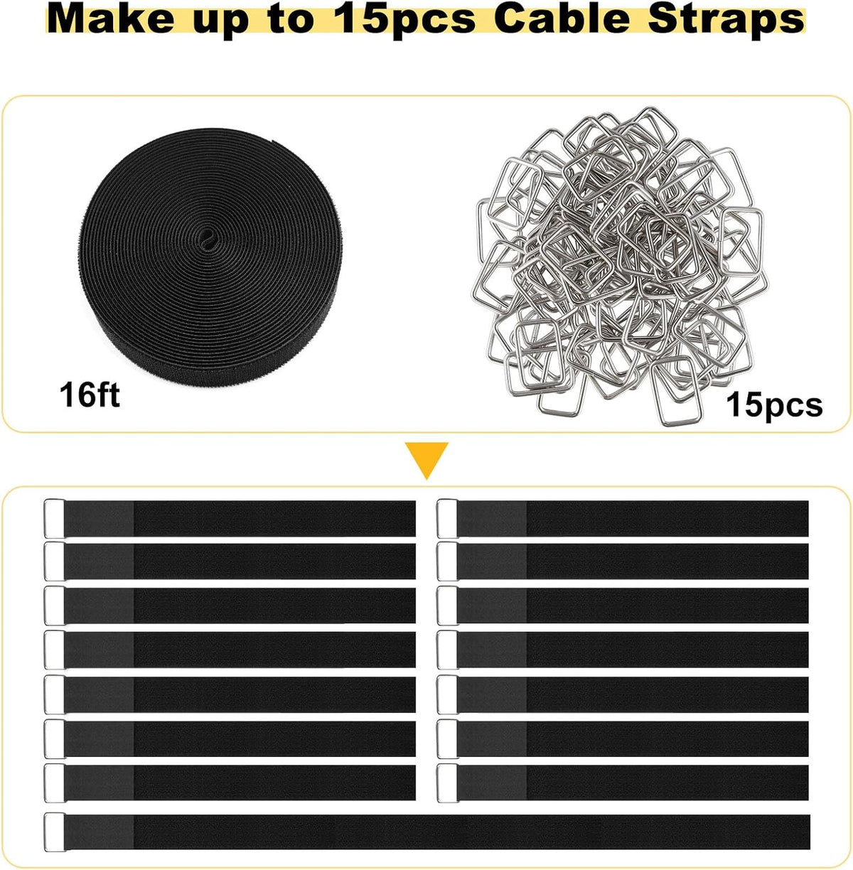 1.5"x16ft Hook and Loop Straps with 15 Metal Buckles, Adjustable Fastening Cable Straps, Cut-to-Length Cinch Strap, Reusable Nylon Securing Cord Ties for Organizer or Storage, Black