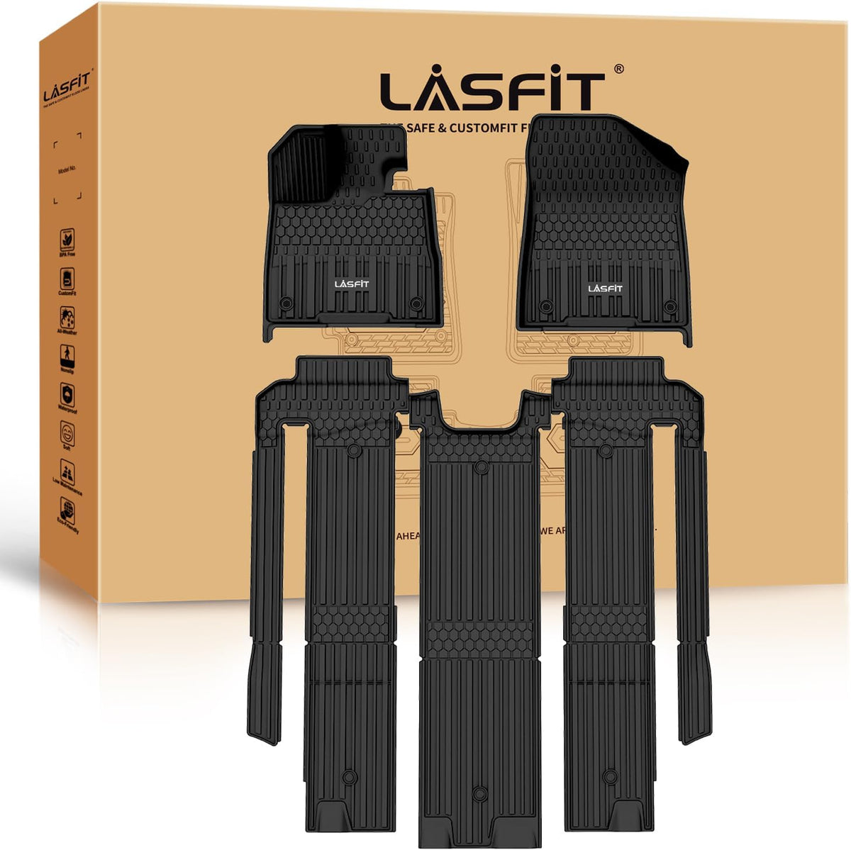 LASFIT Floor Mats for Toyota Sienna 7 Seats 2021-2025 (Only for 7 Seat & Not Fit 2025 Platinum Edition) All Weather TPE Custom Fit Floor Liner for Toyota 7 Passenger Front and Rear Car Mat, Black