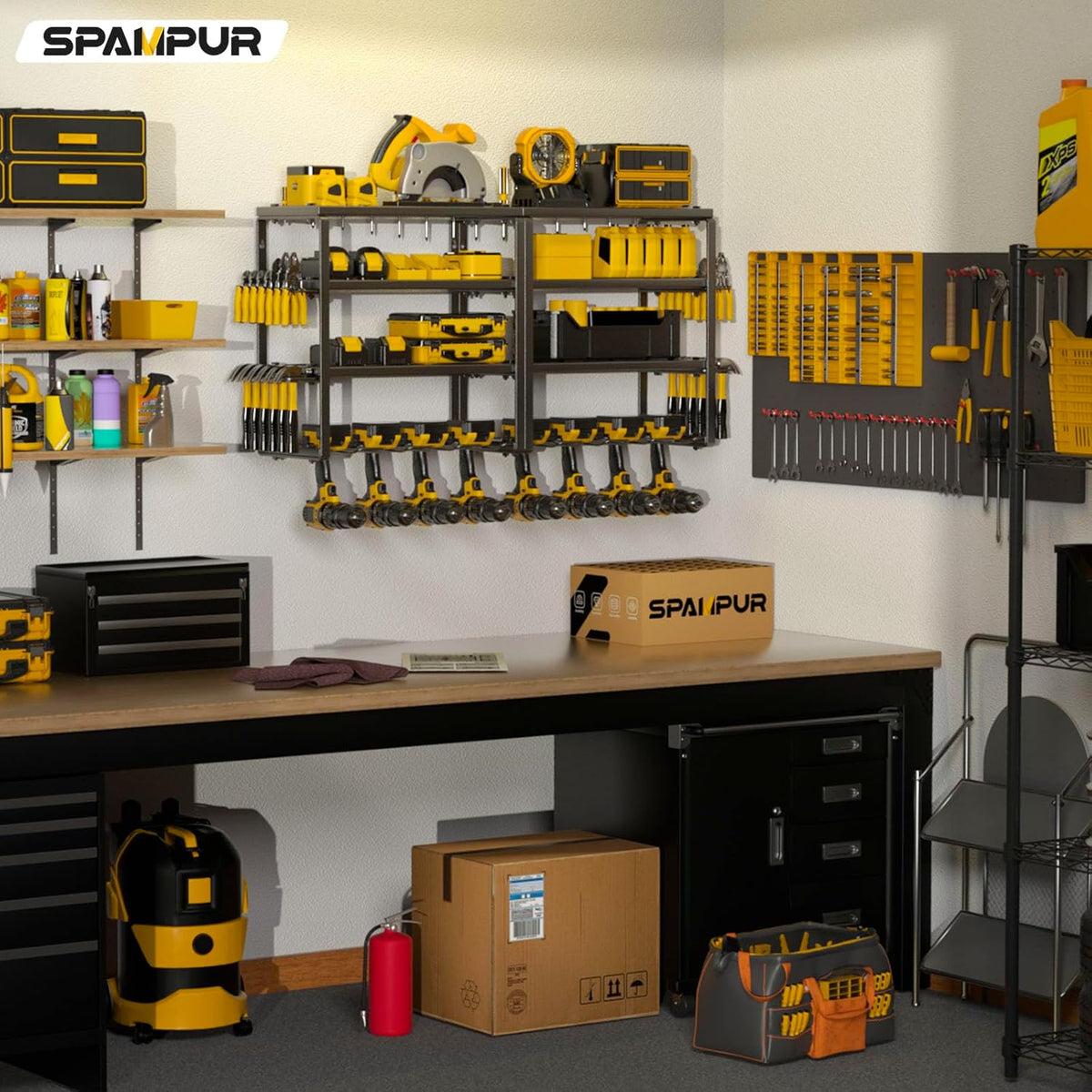 Power Tool Organizer, 15 Min Quick Assembly & Max 420lbs load by Heavy Duty Metal, 4 shelves 8 Slots for Cordless Drill in Garage/Workshop/Pegboard/Shed Suitable for Father's Day