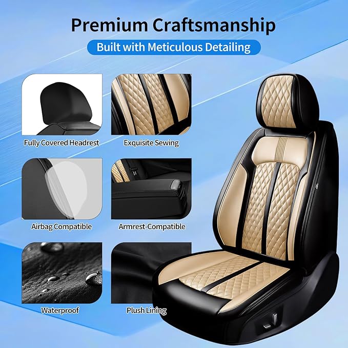 Fit Bolt Car Seat Covers for Select Chevrolet Bolt/Bolt EUV 2017-2025, Premium Full Coverage Leather, Airbag Compatible, Waterproof All Weather Seat Cushion Protector, Front Pair Black+Beige