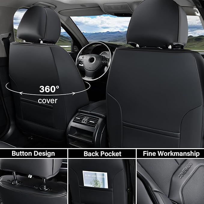 Coverado Car Seat Covers Full Set, Premium Nappa Leather Seat Covers for Car, Waterproof Car Seat Protector with Lumbar Support, Automotive Seat Covers Universal Fit for Most Cars SUV Truck(Black)