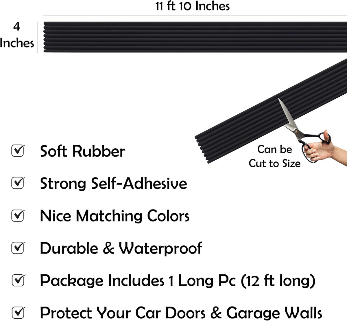 Rubber Bond Garage Wall Protectors - 4in x 12ft Strong Self-Adhesive Rubber Bumper Protectors for Garage Walls - Waterproof and Anti-Scratch Garage Wall Protector for Car Doors (Black)