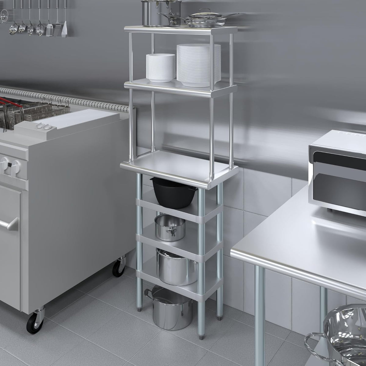 Amgood 14" x 24" Stainless Steel Work Table with 3 Shelves and 12" Wide Double Tier Overshelf | Metal Kitchen Prep Table & Shelving Combo | NSF