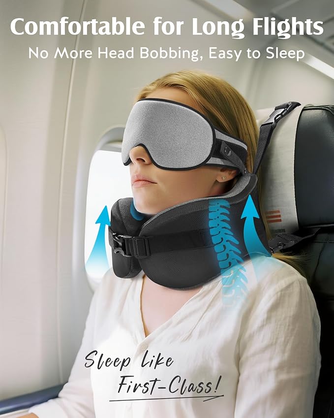 YFONG Travel Pillow for Long Flight Airplanes, Head Strap Combo with 3D Contoured Eye Mask for Sleep, Neck Pillow for Car Trip Essential, 360° Support Memory Foam Headrest, Prevent Head Bobbing, Grey