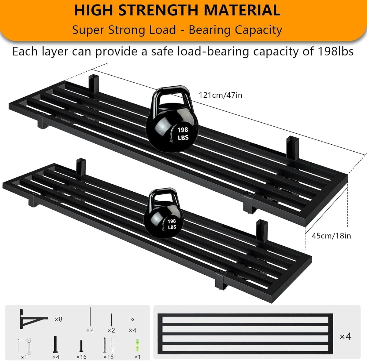 4-Pack 1.5x4ft Garage Shelving Wall Mounted, 1200lbs Load Capacity, Heavy Duty Garage Storage Shelves, Storage Rack, Black