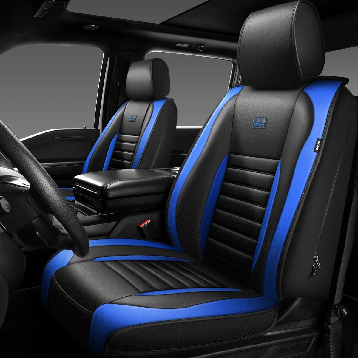 CAR PASS Nappa Leather Car Seat Covers Front Seats, Luxury Seat Protector for Cars, Waterproof Anti-Slip Seat Cushion Armrest Compatible Airbag Universal for Sedan SUV Pick-up Truck Auto, Black Blue
