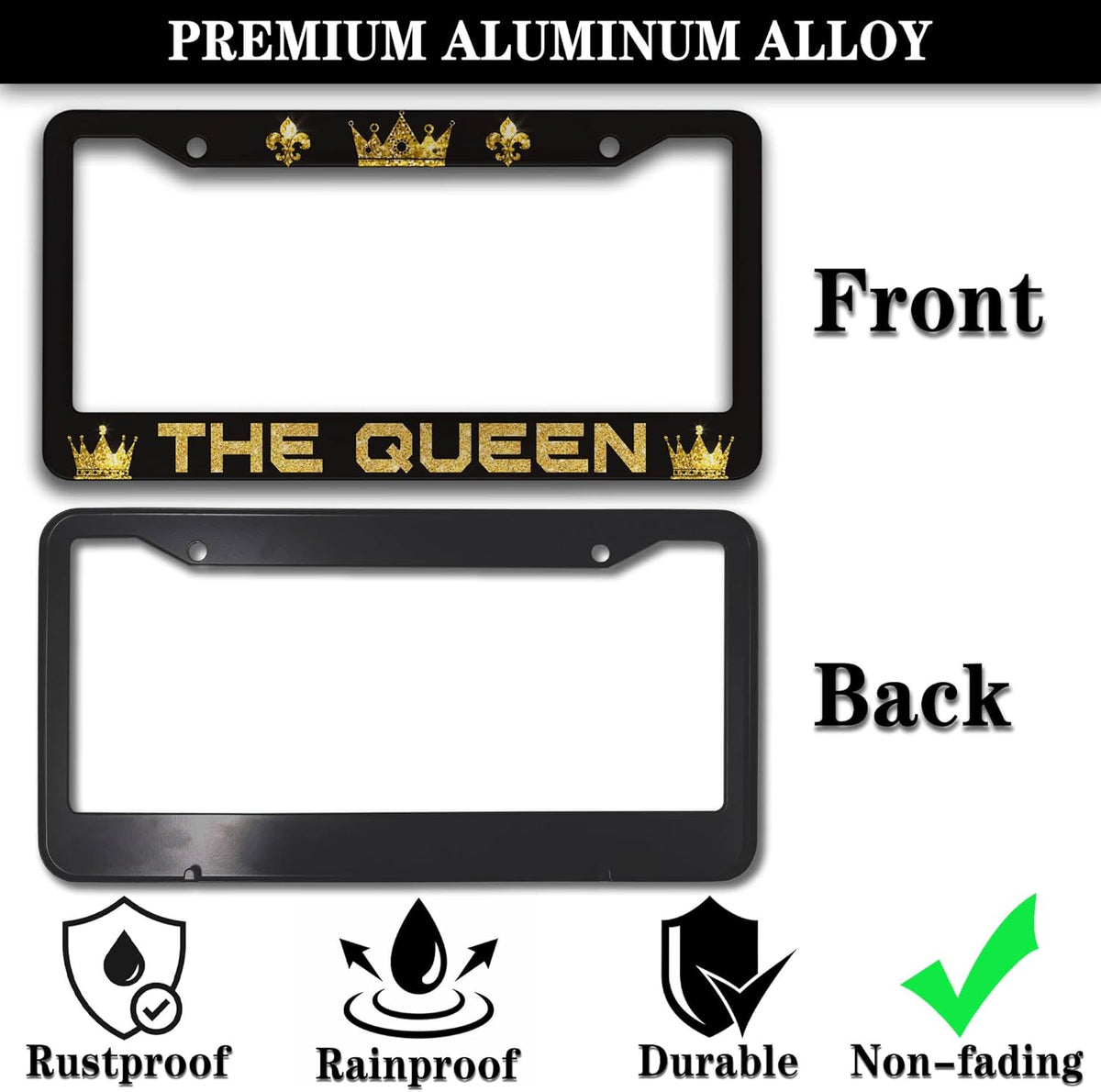 License Plate Frames Black Yellow Automotive Exterior Accessories The Queen Universal Aluminum Car Accessory 2 Pack with Screw Covers Set