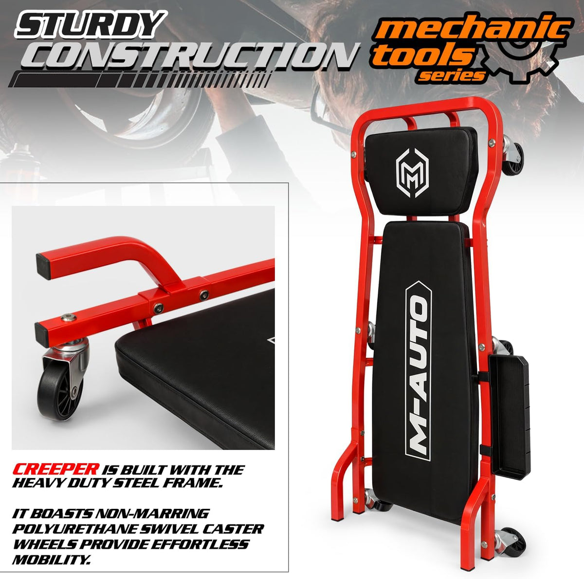 M-AUTO Heavy-Duty Automotive Creeper with 3-leves Adjustable Headrest, 42.5" Padded Metal Frame Creeper with Tools Tray for Garage Shop, 6 Noiseless Casters 300LBS Capacity, Red