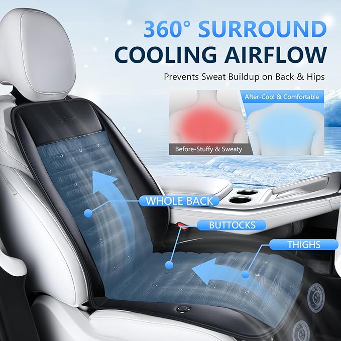 FLORICH Cooling Car Seat Cover, 12V-24V Ventilated Seat Cushion Cooling Car Seat Pad for Summer Driving with 2 Powerful Turbo Fans 3-Speed Temperature Adjustable Universal Fit for Car SUV Truck Van