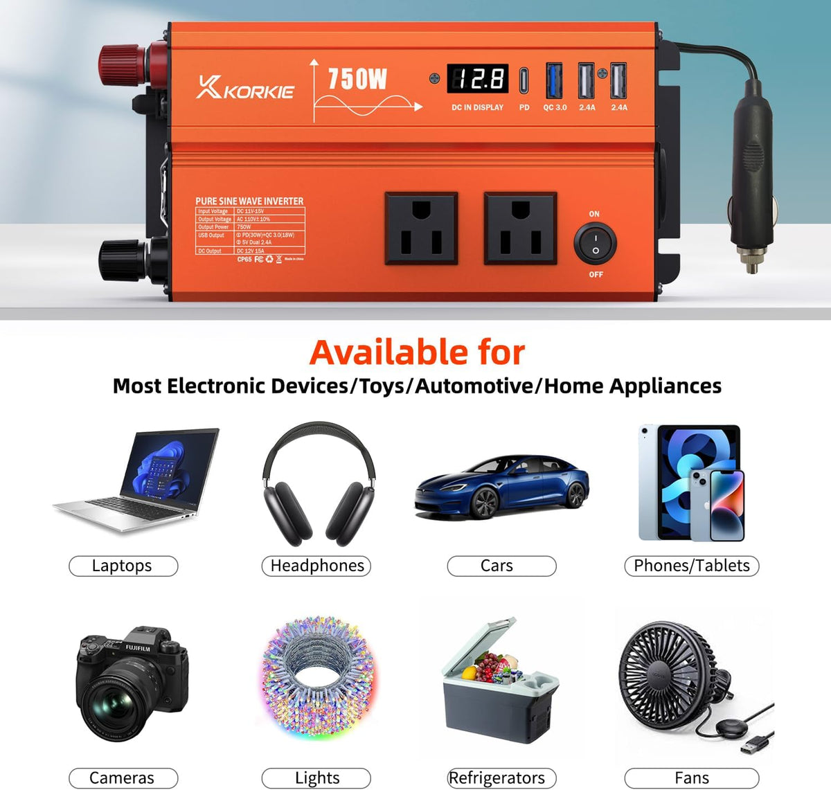 750W Pure Sine Wave Inverter, Car Power Inverter, 12V DC to 110V AC Power Converter, Emergency Power Inverter with Type-C, Dual 5.2V/2.4A USB, 3AC Outlets for Home,Camping, RV, Truck, Vehicles