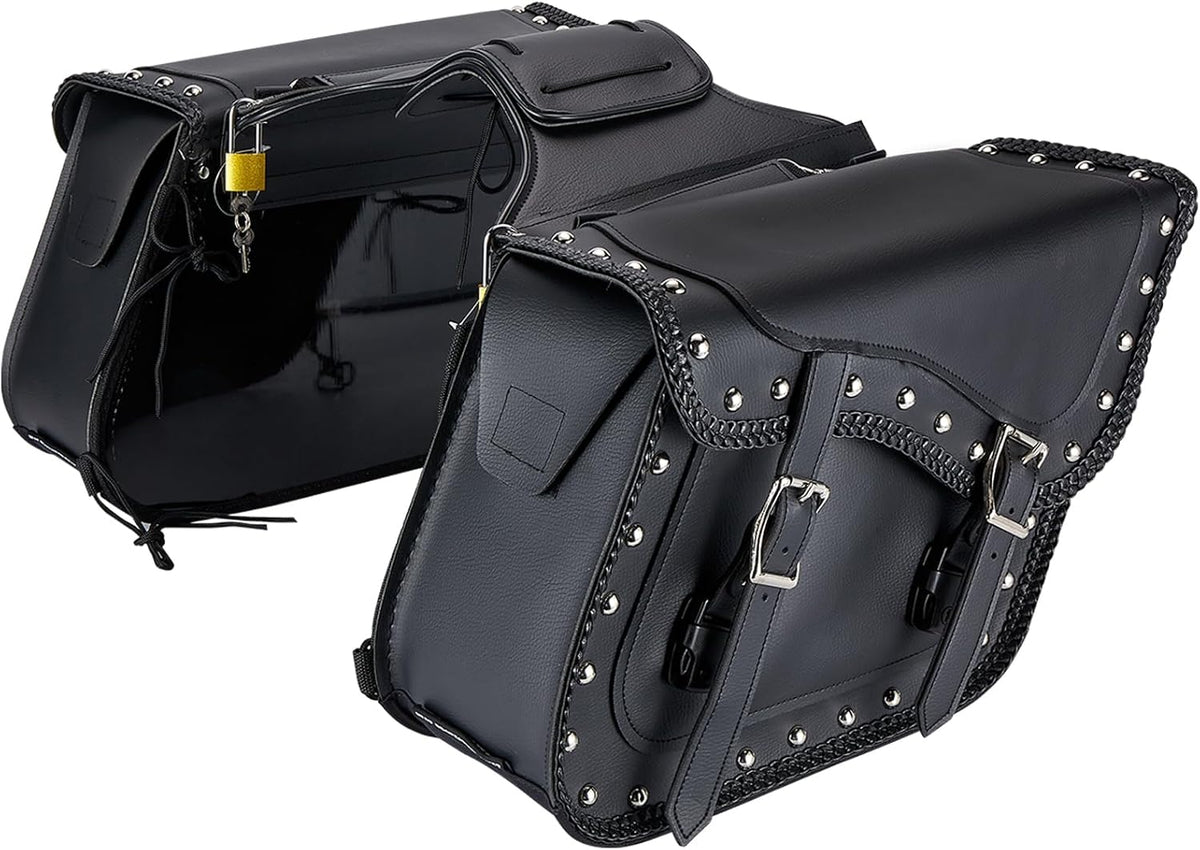 Dream Apparel Naked Cowhide Leather Motorcycle Saddle Bags Studded Throw Over Saddlebags, Motorcycle Side Bags for Honda Shadow Sportster Softail Dyna V-star (Black, With Studs)