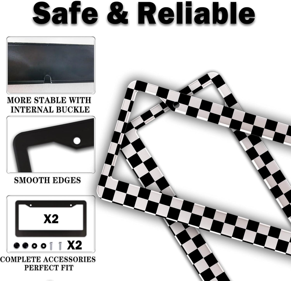License Plate Frames Black and White License Plate Bracket Black and White Checkerboard Universal Aluminum Car Accessory 2 Pack with Screw Covers Set