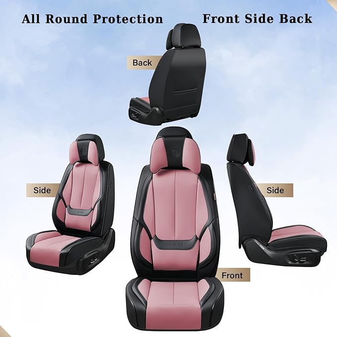 Coverado Universal Seat Covers Front, 2-Pack Universal Seat Covers for Cars, Waterproof Nappa Leather Car Seat Covers with Head Pillow, Auto Protectors Fit for Most Sedans Pick-up Truck-Black&Pink