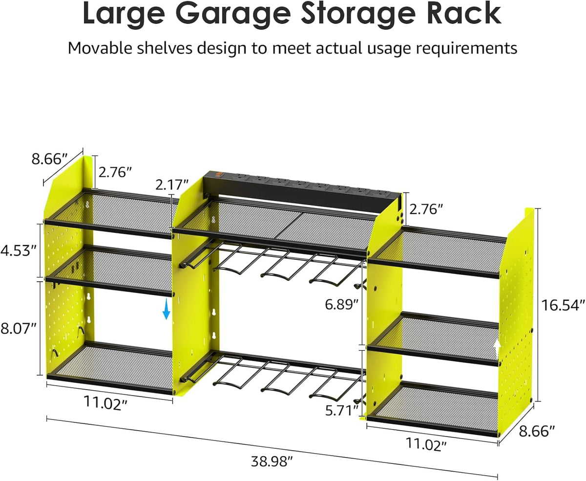 CCCEI Green Large Tools Organizer Wall Mount Charging Station, 39 Inch Long Power Tool Battery Storage Rack with 6FT Power Strip. 8 Drill Holder, Garage Utility Shelves. Pegboard Hanging Extension.