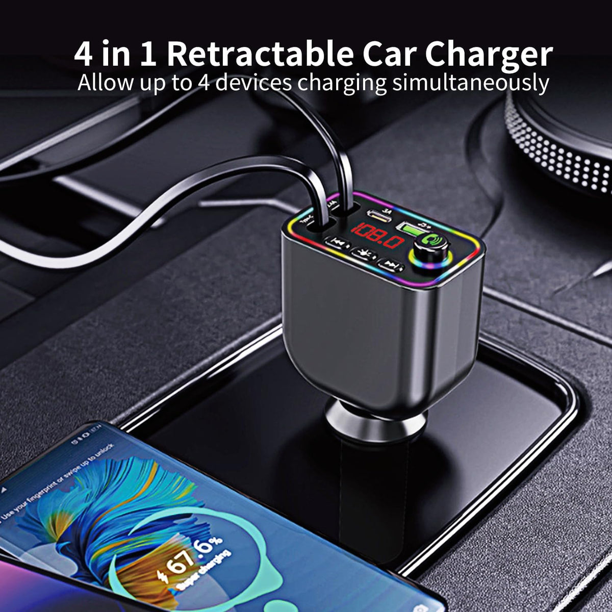 Vitog Retractable Car Charger, Wireless Bluetooth 5.3 FM Transmitter 100W USB C 4 in 1 Fast Car Charger Adapter,iPhone 16 Fast Charging-for iPhone 16 15 14 13 12 Android