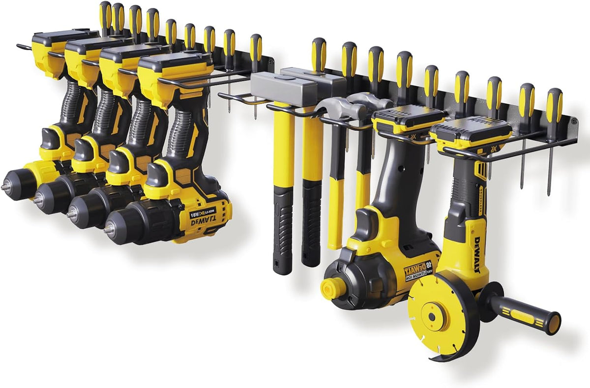 2 Pack Drill Holder, Power Tool Organizer Wall Mount, Heavy Duty Garage Storage and Tool Organizer, Ideal Garage Organization Gifts for man, 8 Slots for Power Tools and 32 Screwdriver Rack