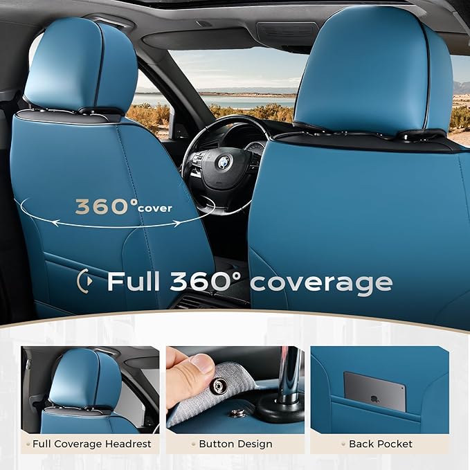 Coverado Car Seat Covers Full Set, Seat Covers for Cars, Front Seat Covers and Back Seat Cover Waterproof Leather Automotive Seat Cover, Universal Car Interior Protectors Cushion for Most Cars Blue