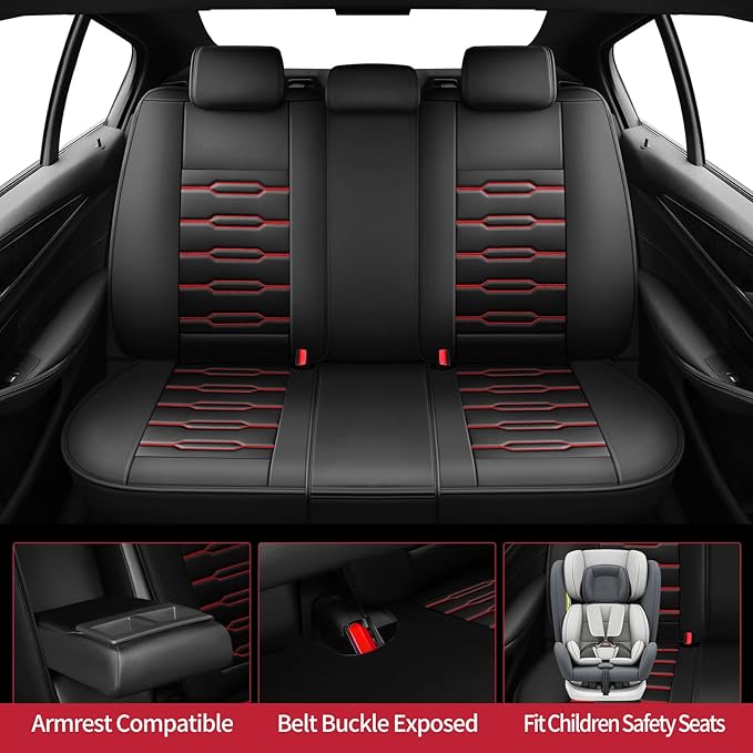 Fit Prius Car Seat Covers for Toyota Prius 2001-2024 2025 2026 - Upgraded Premium Waterproof & Breathable Leather, Airbag Compatible, All-Weather Seat Cushion Protector (Full Set, Black+Red)