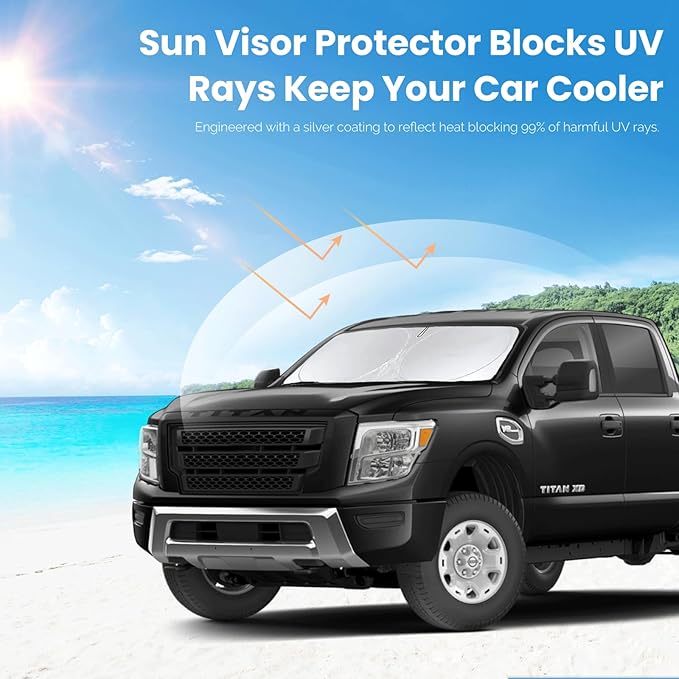 Custom Fit Titan Windshield Sunshade for 2020-2023 2024 2025 Upgrade Nissan Titan Front Window Sun Shades Shield Cover for Windshield Foldable 210T Sun Visor Protector Blocks UV Ray Car Accessories