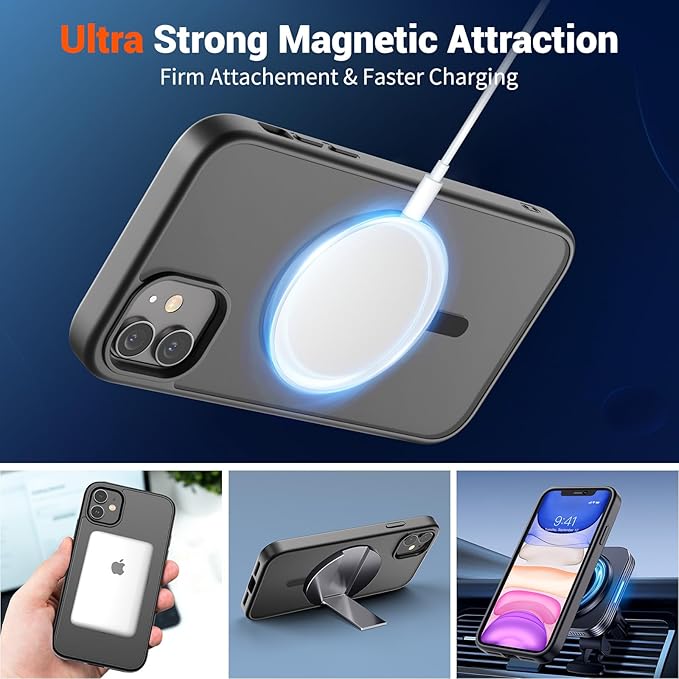 SUPFINE Magnetic for iPhone 11 Phone Case(Compatible with MagSafe)(Military Grade Drop Protection) Translucent Matte Shockproof Phone Cover,Black